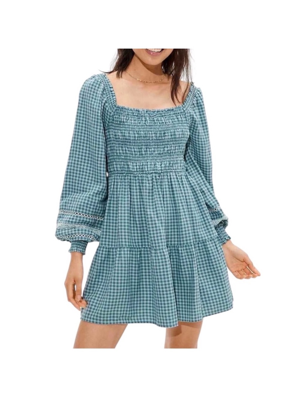 American Eagle gingham smocked long-sleeved dress - large